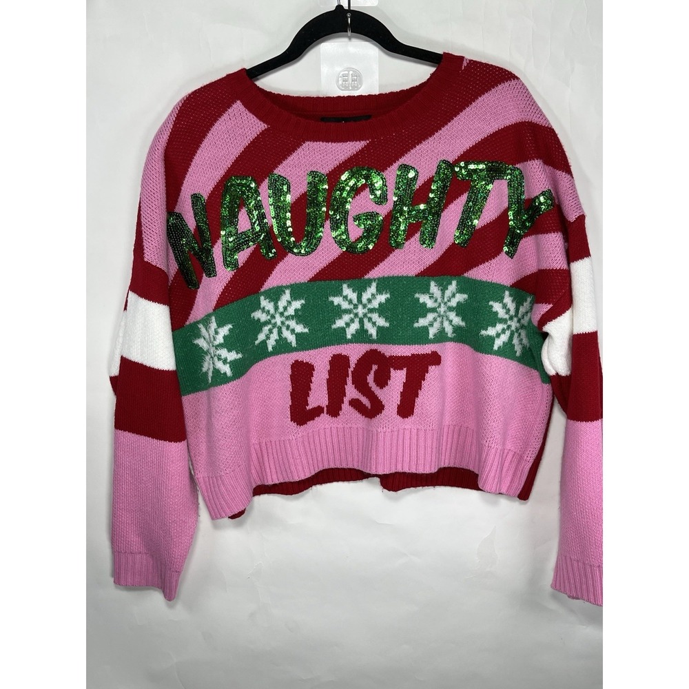 33 Degrees Naughty List Cropped Sweater Womens XL Red‎ Christmas Holiday Party
